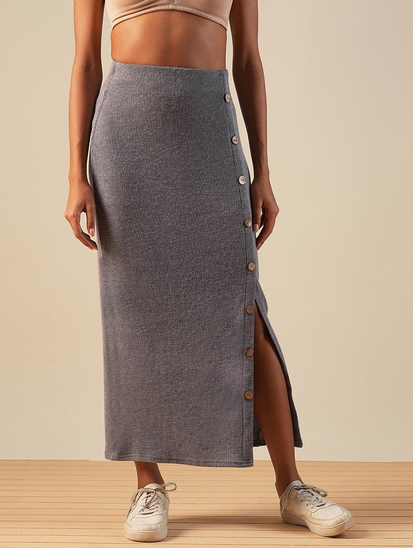 globus women grey self design button detail mid-rise side slit midi pencil skirt - 21661198 -  Zoom Image - 0