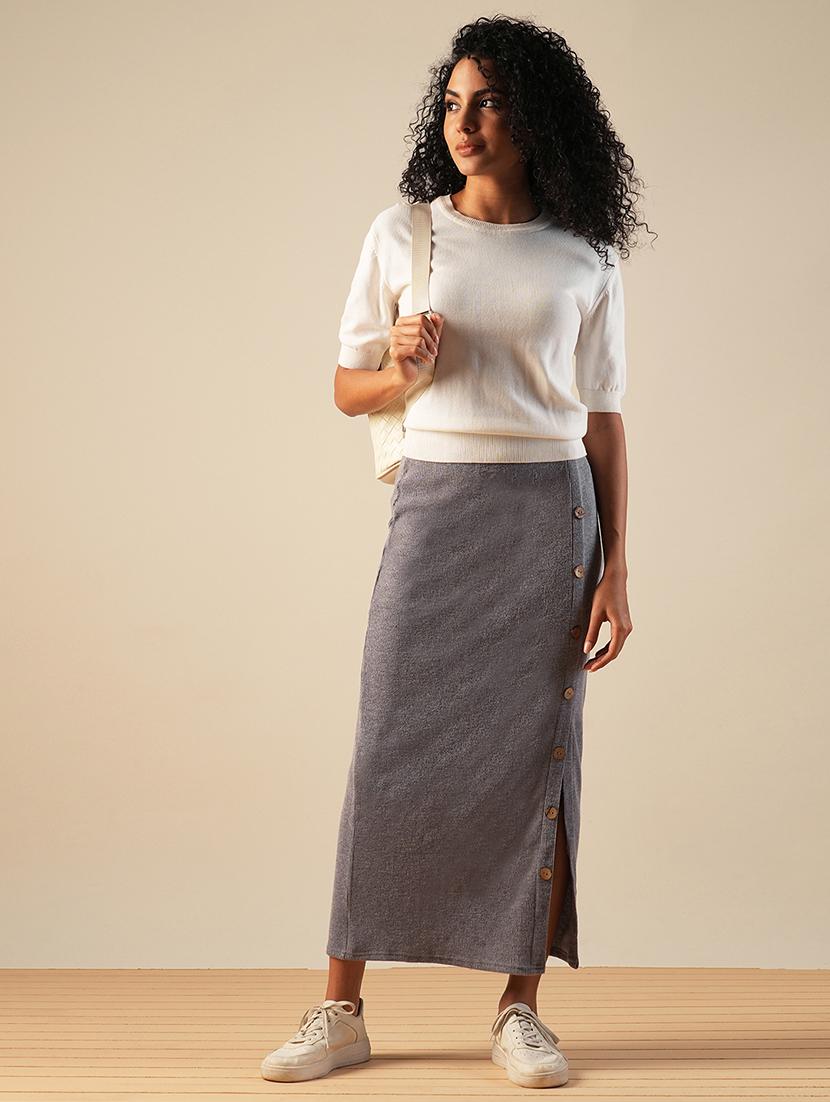 globus women grey self design button detail mid-rise side slit midi pencil skirt - 21661198 - Standard Image - 4