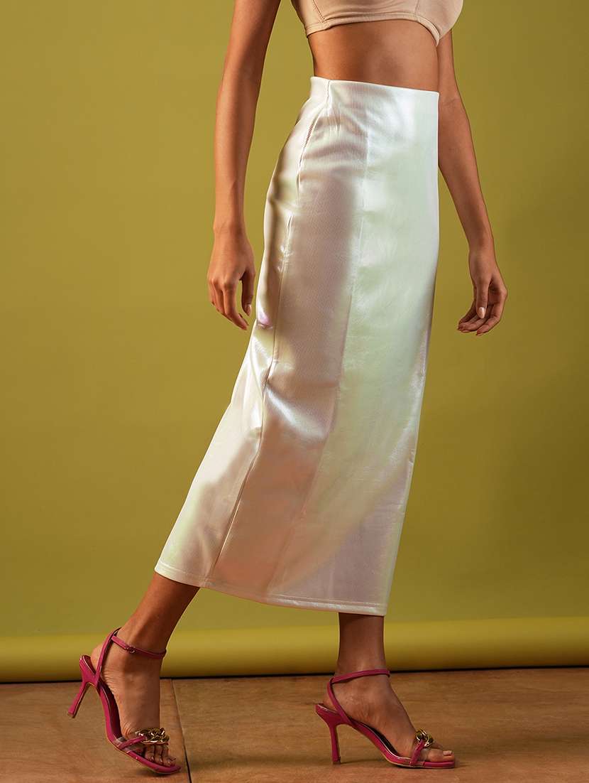 globus women metallic off white self design sheen stretchable high-rise side slit midi pencil party skirt - 21661206 -  Standard Image - 1