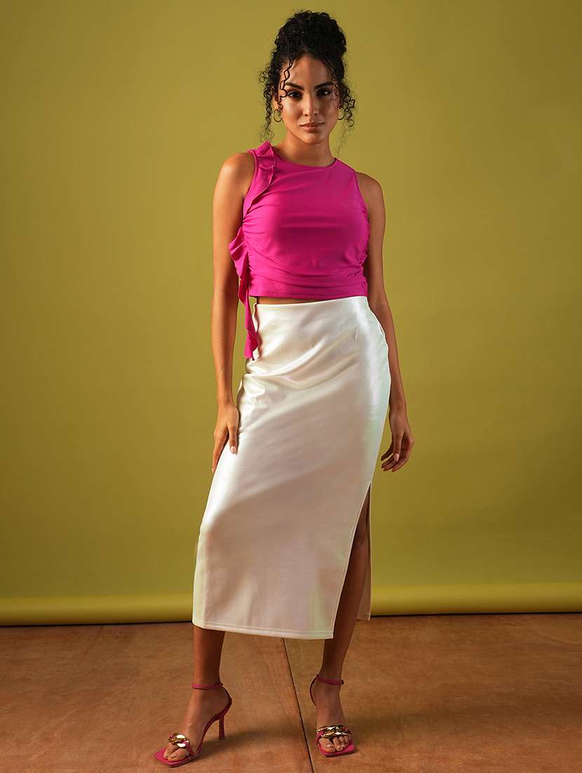 globus women metallic off white self design sheen stretchable high-rise side slit midi pencil party skirt - 21661206 -  Standard Image - 4