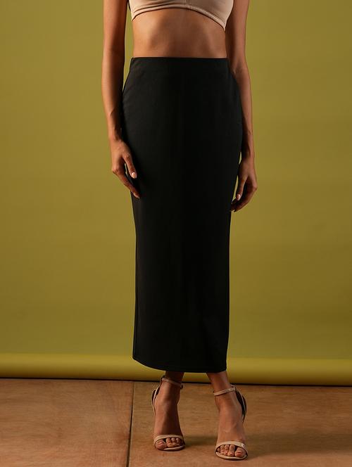 globus women black self design stretchable high-rise back slit midi workwear pencil skirt - 21661207 -  Standard Image - 0