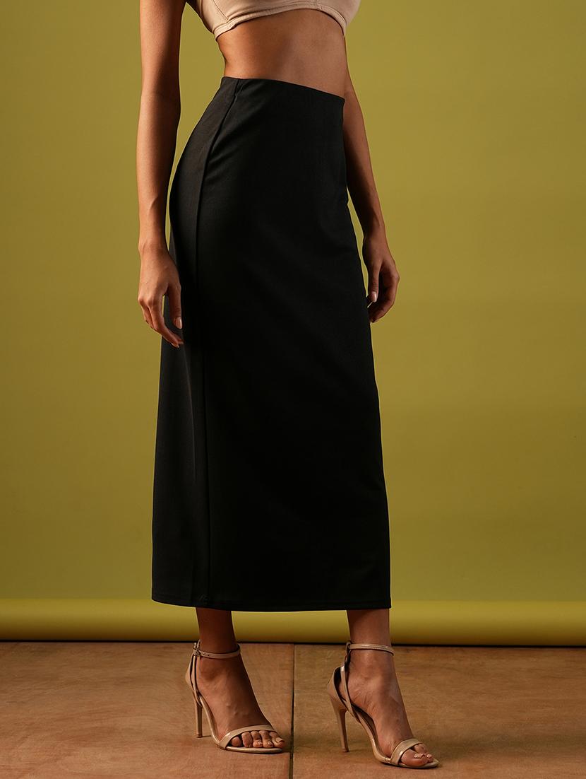 globus women black self design stretchable high-rise back slit midi workwear pencil skirt - 21661207 - Standard Image - 1