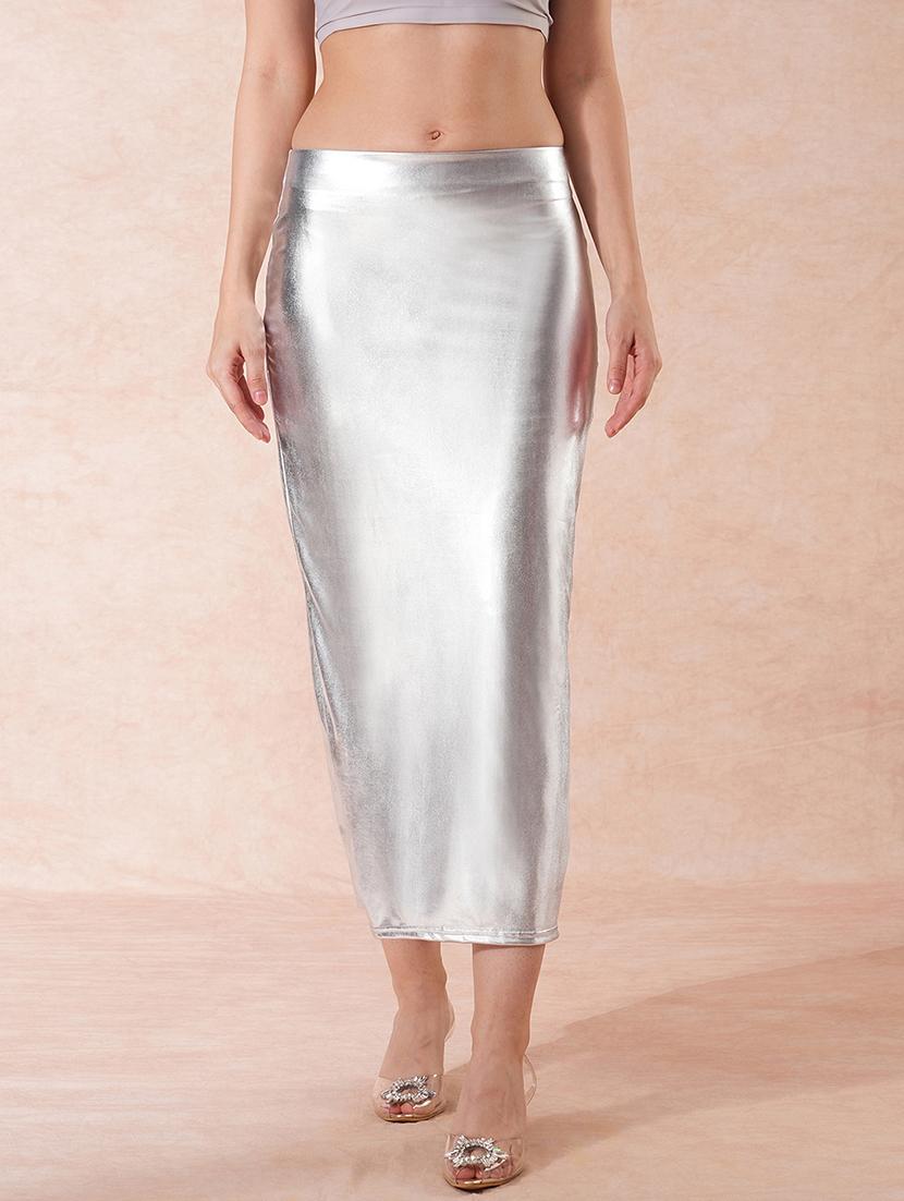 globus women silver stretchable sheen mid-rise side slit midi pencil party skirt - 21661212 -  Zoom Image - 0