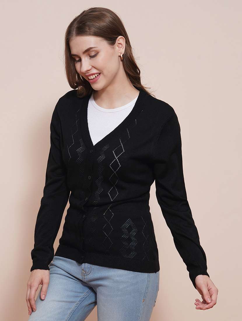 globus women black v-neck full sleeves self design ribbed hem cardigan sweater