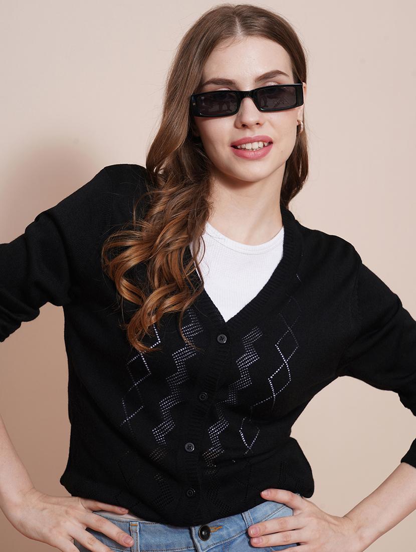 globus women black v-neck full sleeves self design ribbed hem cardigan sweater - 21661269 -  Standard Image - 1