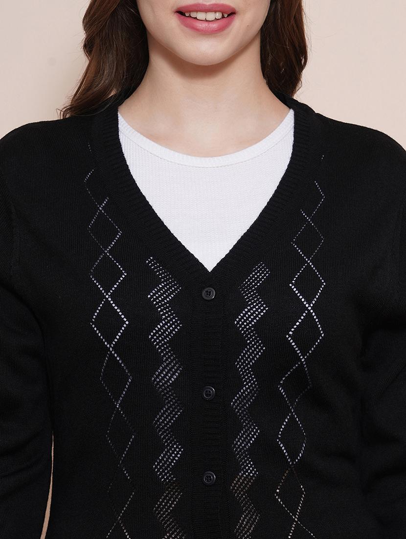 globus women black v-neck full sleeves self design ribbed hem cardigan sweater - 21661269 - Standard Image - 4