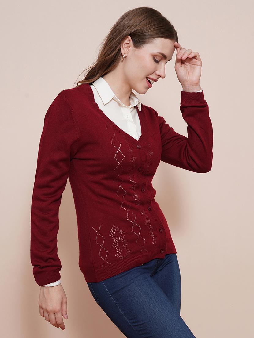 globus women maroon v-neck full sleeves self design ribbed hem cardigan sweater - 21661270 -  Standard Image - 1