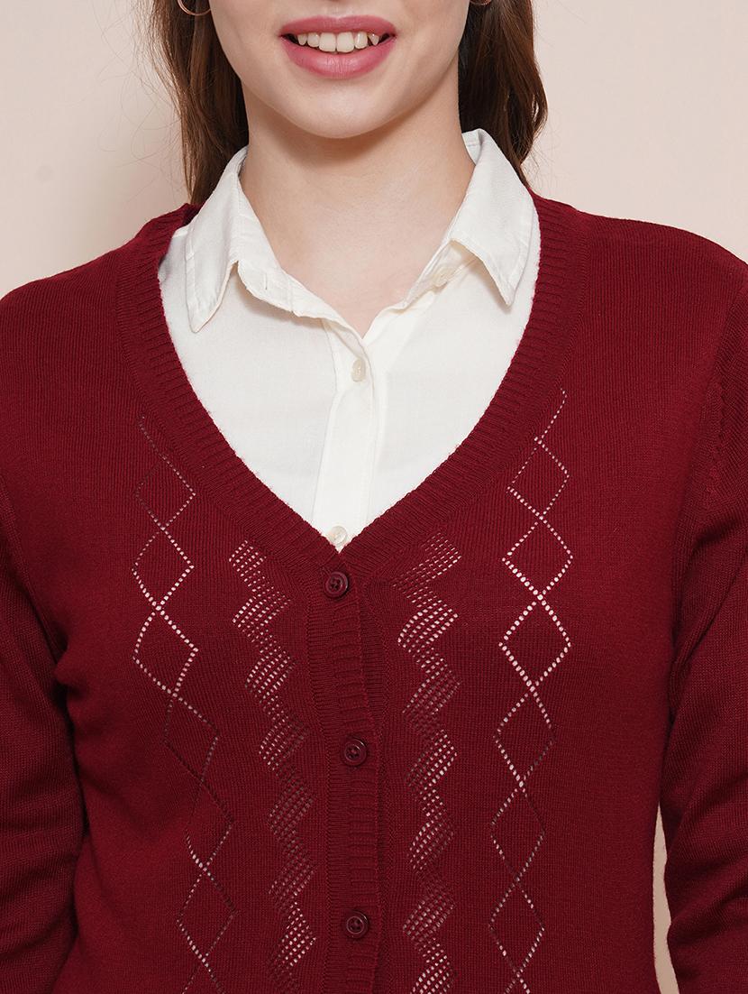 globus women maroon v-neck full sleeves self design ribbed hem cardigan sweater - 21661270 - Standard Image - 4