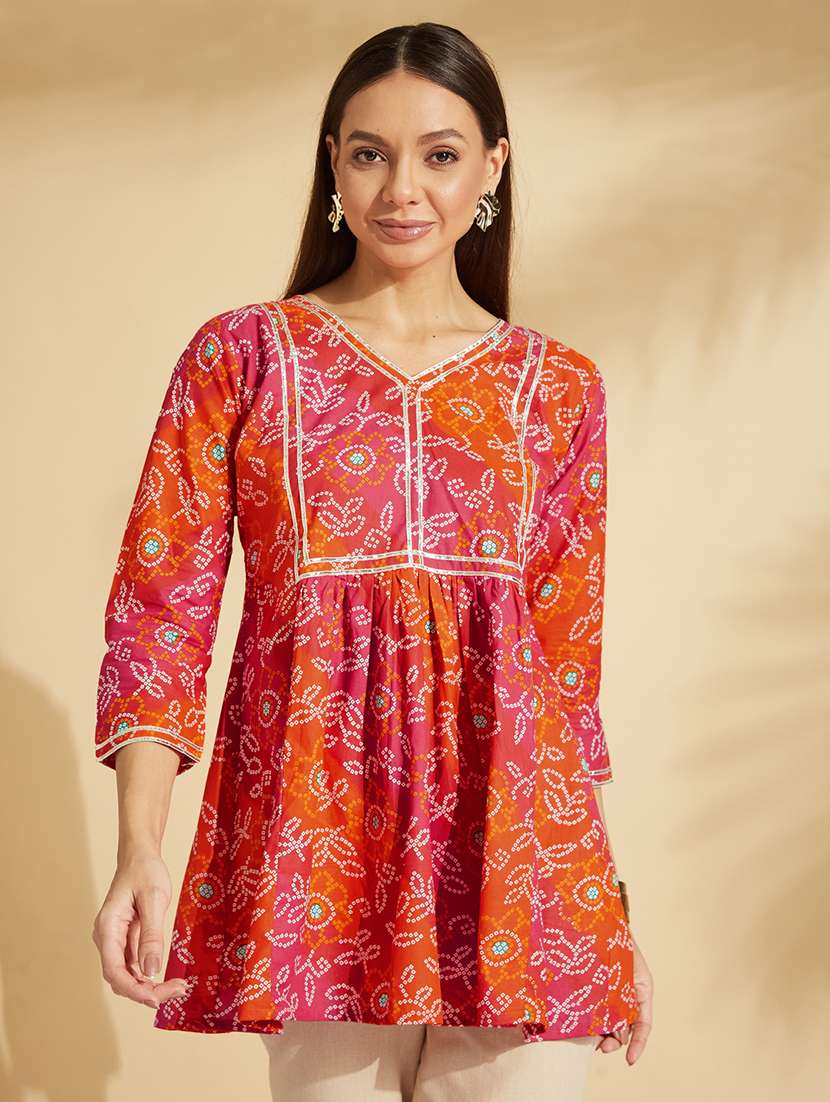 women bandhani v neck a-line kurti