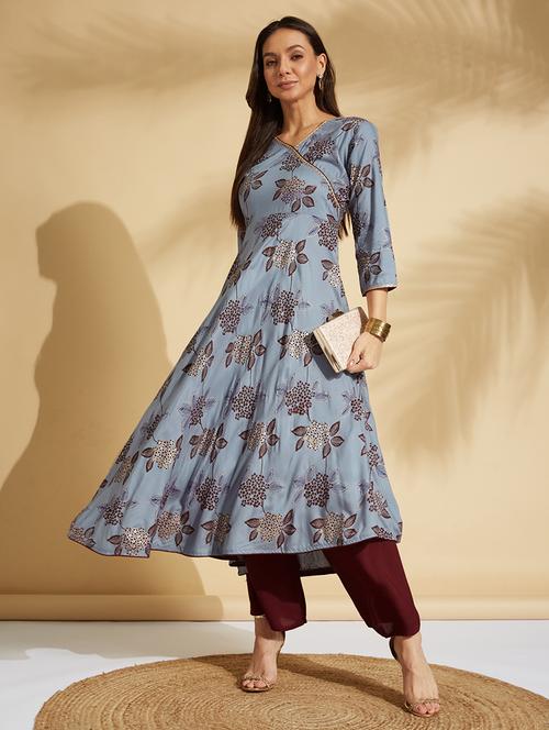 grey rayon angrakha kurta - 21661411 -  Standard Image - 0