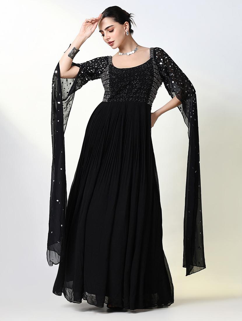women black embellished round neck gown dress - 21661480 - Standard Image - 1