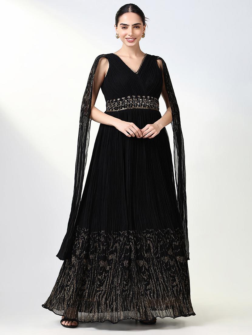 women black embellished v neck gown dress - 21661483 -  Zoom Image - 0