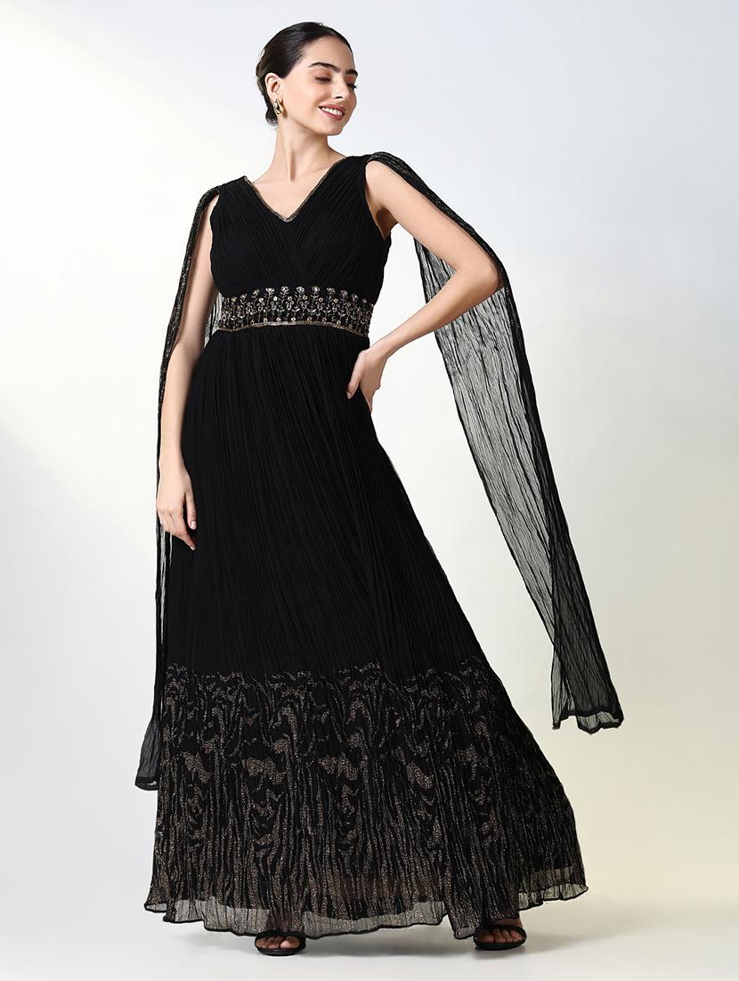 women black embellished v neck gown dress - 21661483 -  Standard Image - 1