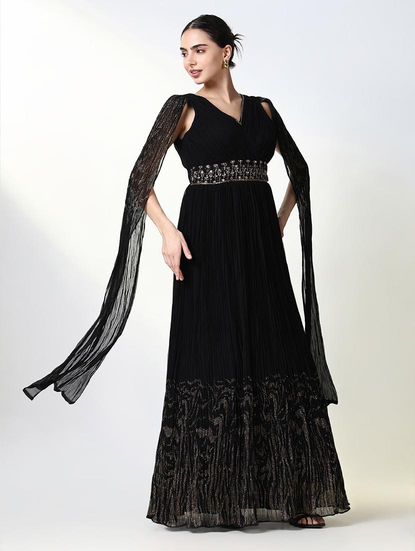 women black embellished v neck gown dress - 21661483 - Standard Image - 4