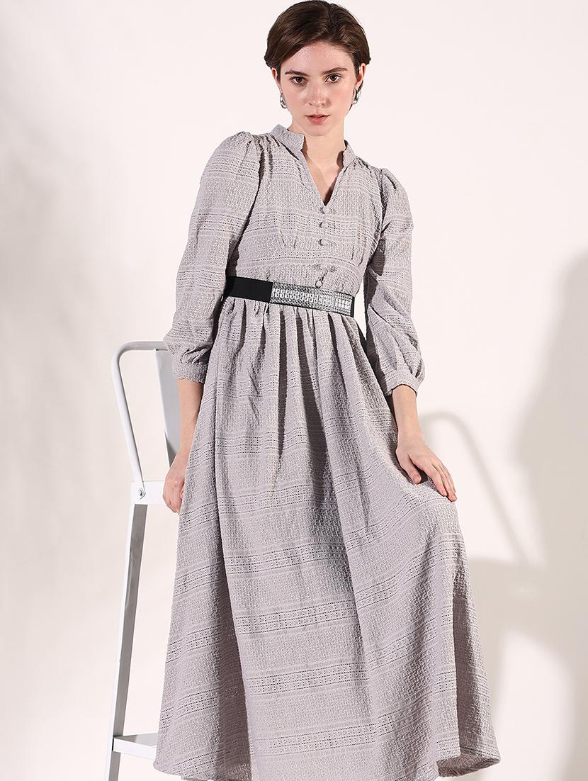 women grey self design fit & flare dress - 21661486 - Standard Image - 1