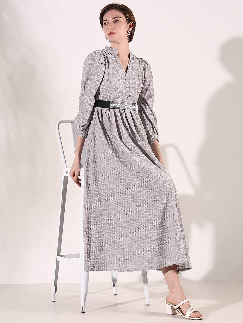 women grey self design fit & flare dress - 21661486 - Standard Image - 4