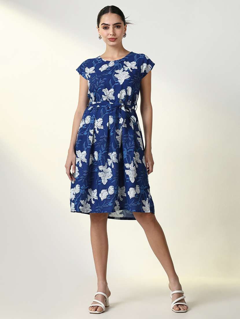women blue floral printed fit & flare dress
