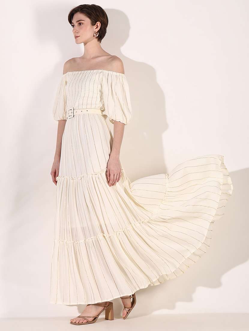 women cream stripes off shoulder neck tiered dress - 21661494 -  Standard Image - 1