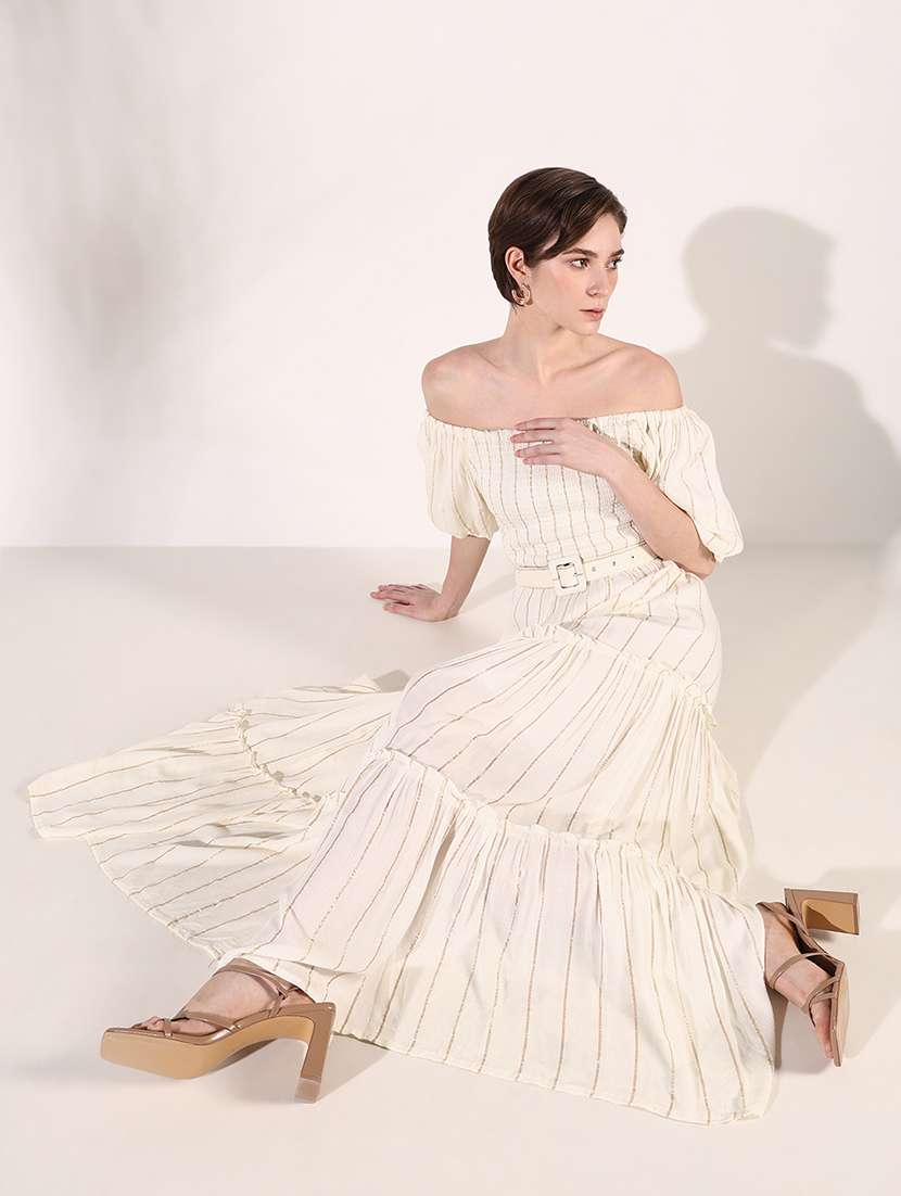 women cream stripes off shoulder neck tiered dress - 21661494 -  Standard Image - 4