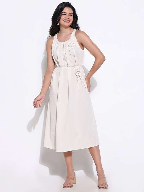 women cream solid sleeveless a-line dress - 21661498 - Standard Image - 0