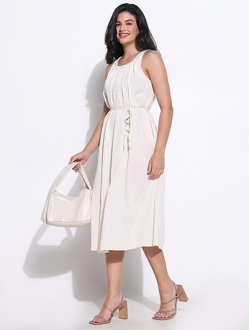 women cream solid sleeveless a-line dress - 21661498 - Standard Image - 4