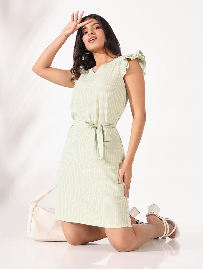 women stripes v neck a-line dress with belt - 21661500 - Standard Image - 4