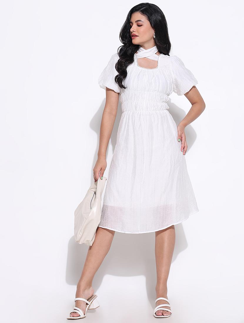 women white solid square neck a-line dress - 21661502 - Standard Image - 4