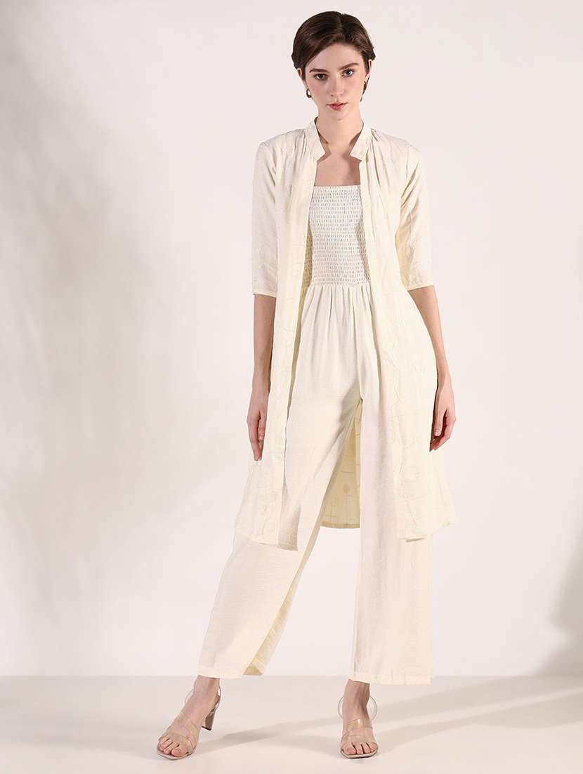 women solid shoulder strap jumpsuit with shrug