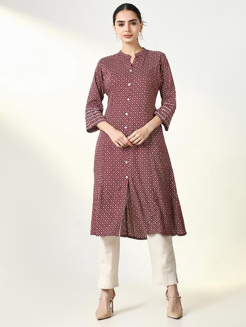 women maroon geometric printed a-line kurta - 21661526 - Standard Image - 0