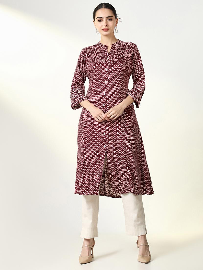 women maroon geometric printed a-line kurta - 21661526 - Zoom Image - 0
