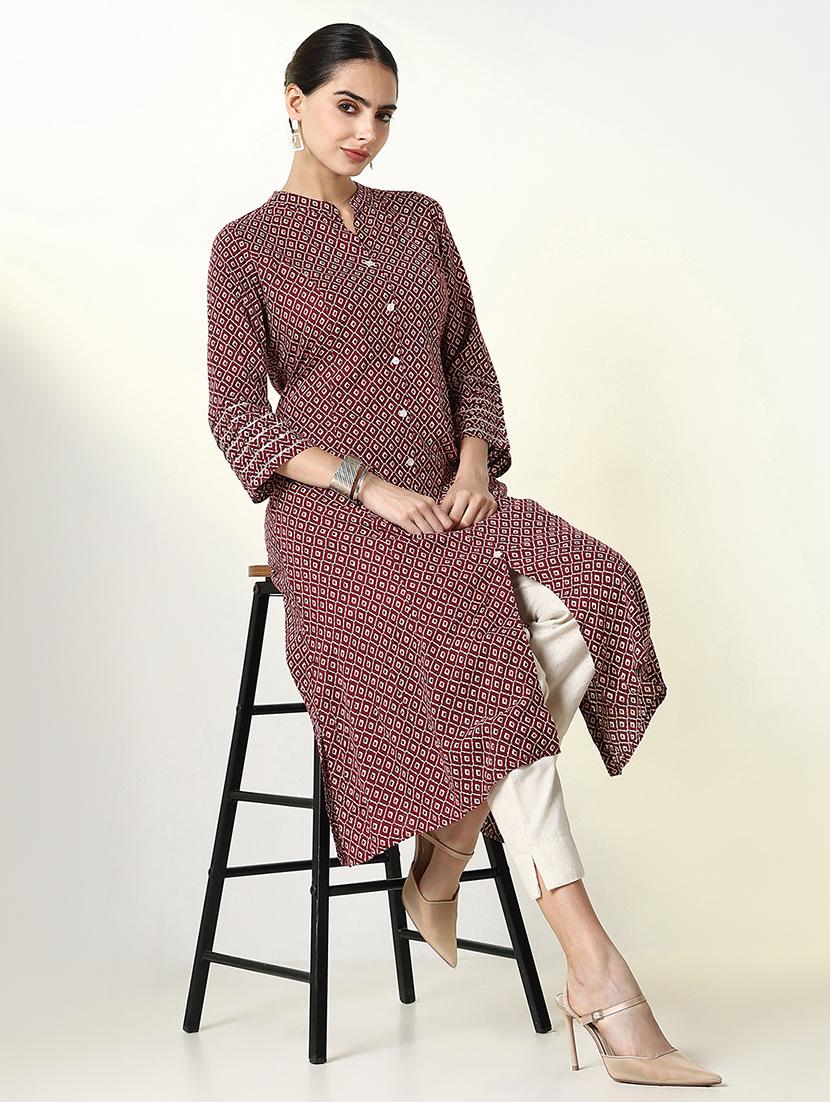 women maroon geometric printed a-line kurta - 21661526 - Standard Image - 1
