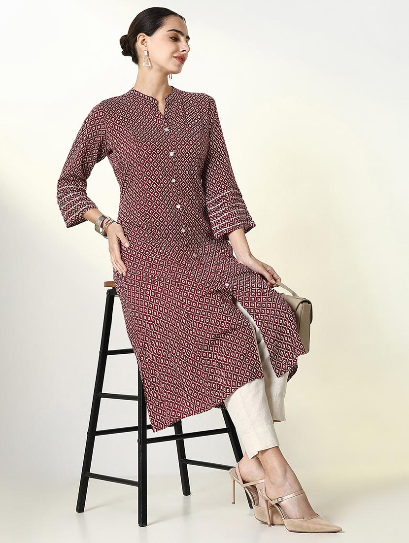 women maroon geometric printed a-line kurta - 21661526 - Standard Image - 4