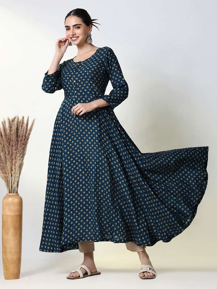 women teal three quarter sleeve anarkali kurta - 21661527 -  Standard Image - 1