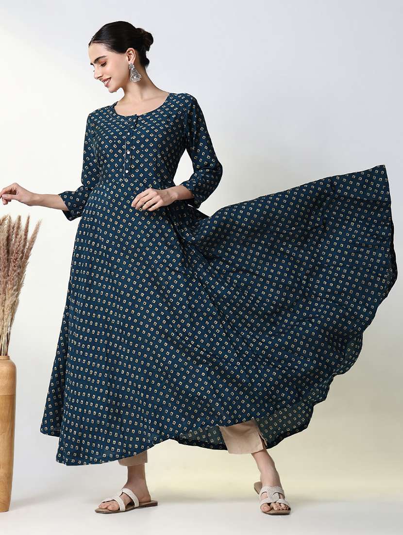 women teal three quarter sleeve anarkali kurta - 21661527 -  Standard Image - 4