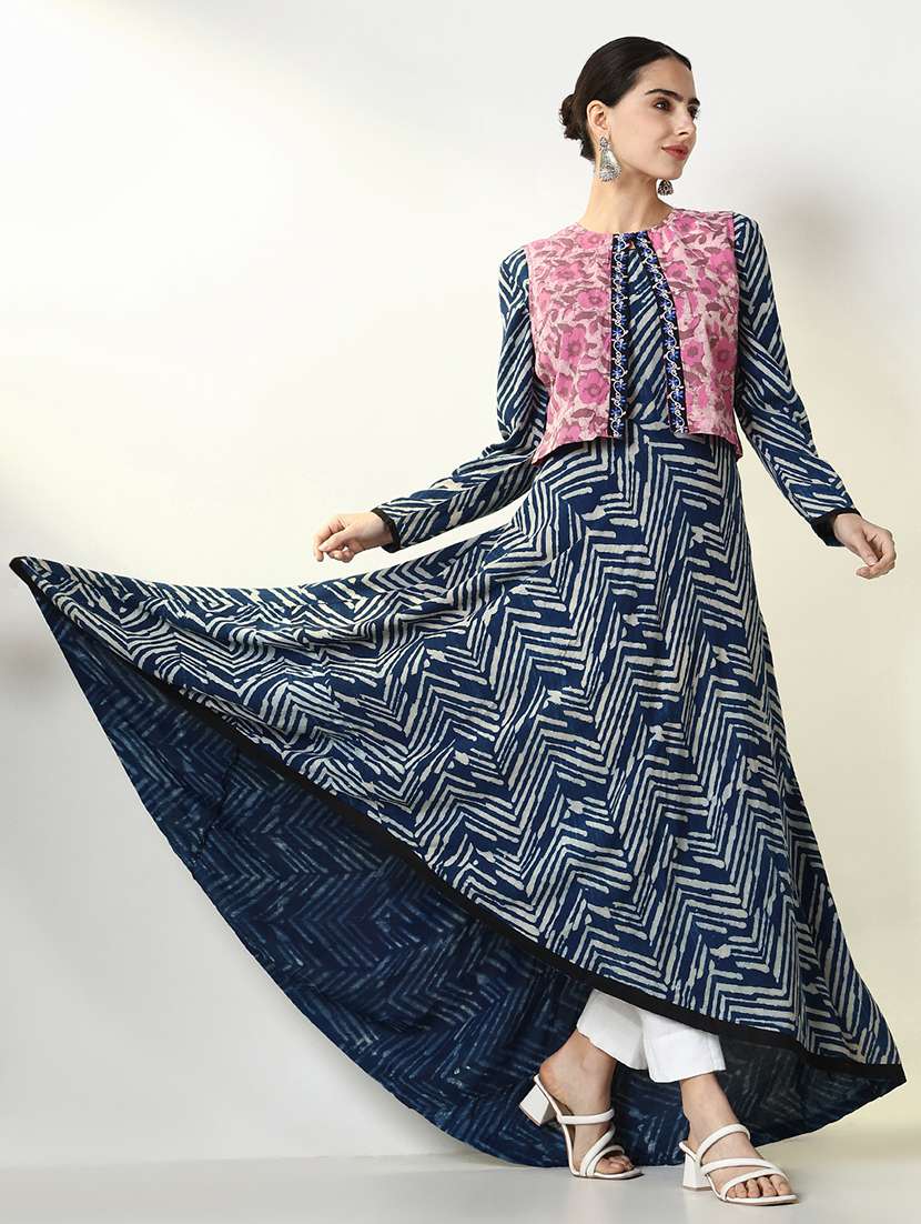 women navy blue printed long sleeve kurta with jacket - 21661529 -  Standard Image - 4