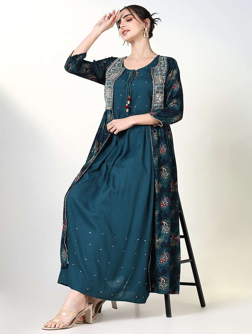 women teal three quarter sleeve kurta with jacket - 21661530 -  Standard Image - 1