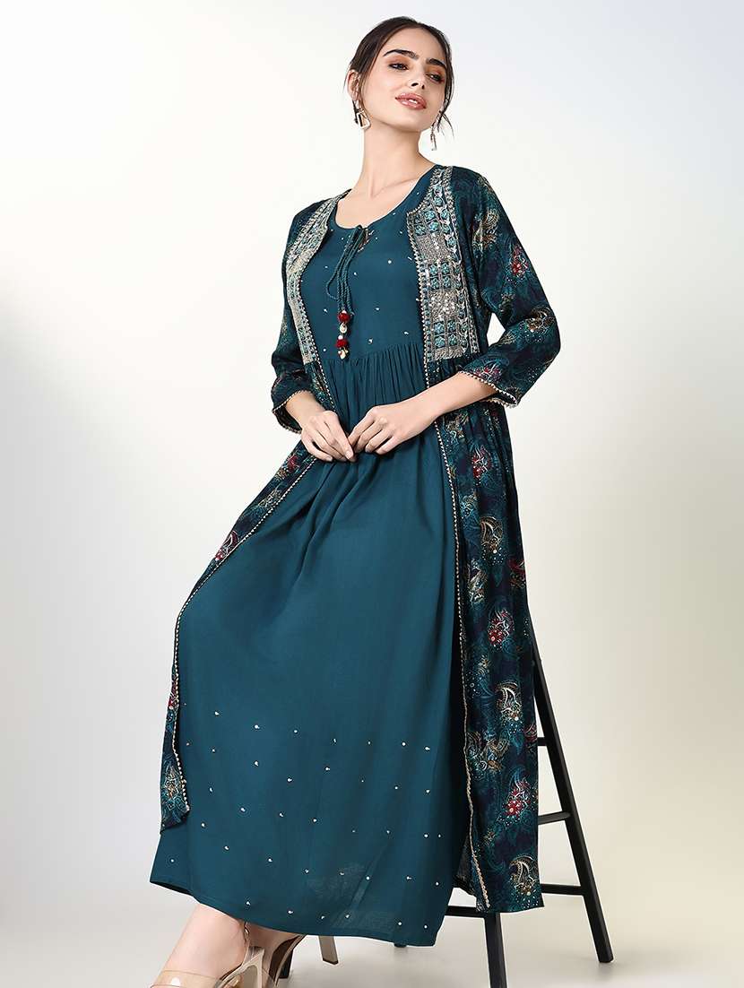 women teal three quarter sleeve kurta with jacket - 21661530 - Standard Image - 4