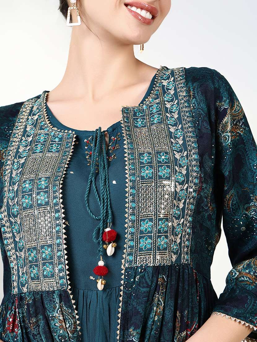 women teal three quarter sleeve kurta with jacket - 21661530 - Standard Image - 6