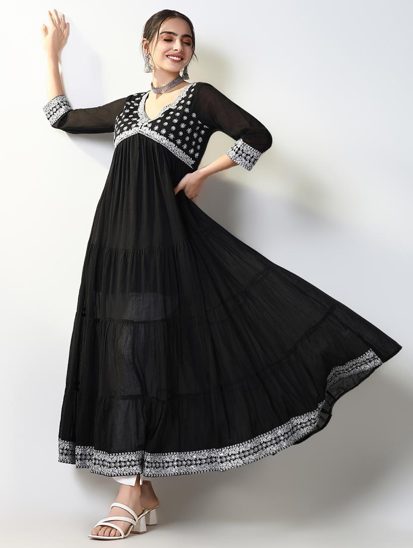 women black embroidered tiered kurta - 21661534 -  Standard Image - 1