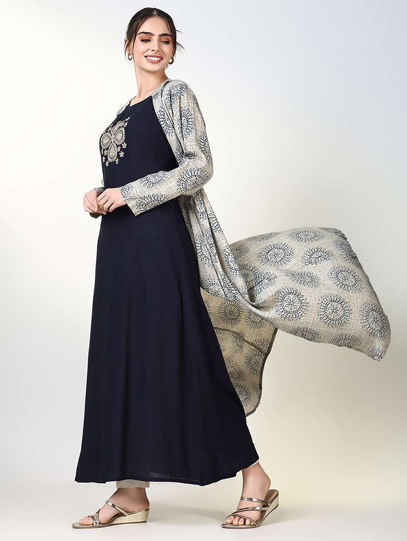 women navy blue embroidered kurta with jacket - 21661535 -  Standard Image - 1