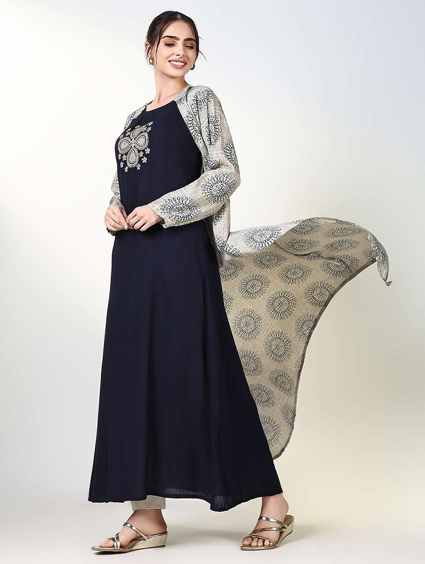women navy blue embroidered kurta with jacket - 21661535 - Standard Image - 4