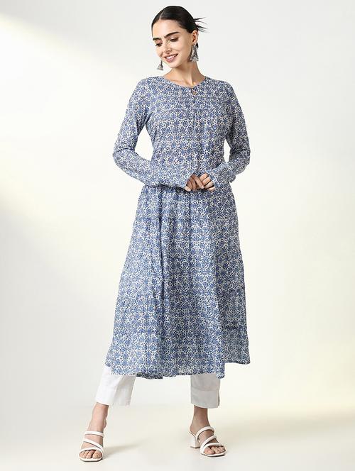 women blue floral long sleeve anarkali kurta - 21661540 - Standard Image - 0