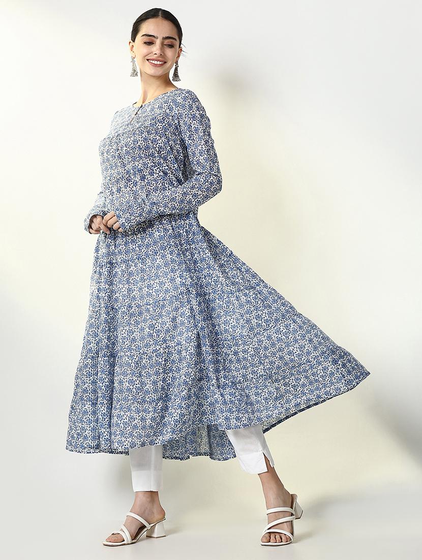 women blue floral long sleeve anarkali kurta - 21661540 - Standard Image - 1