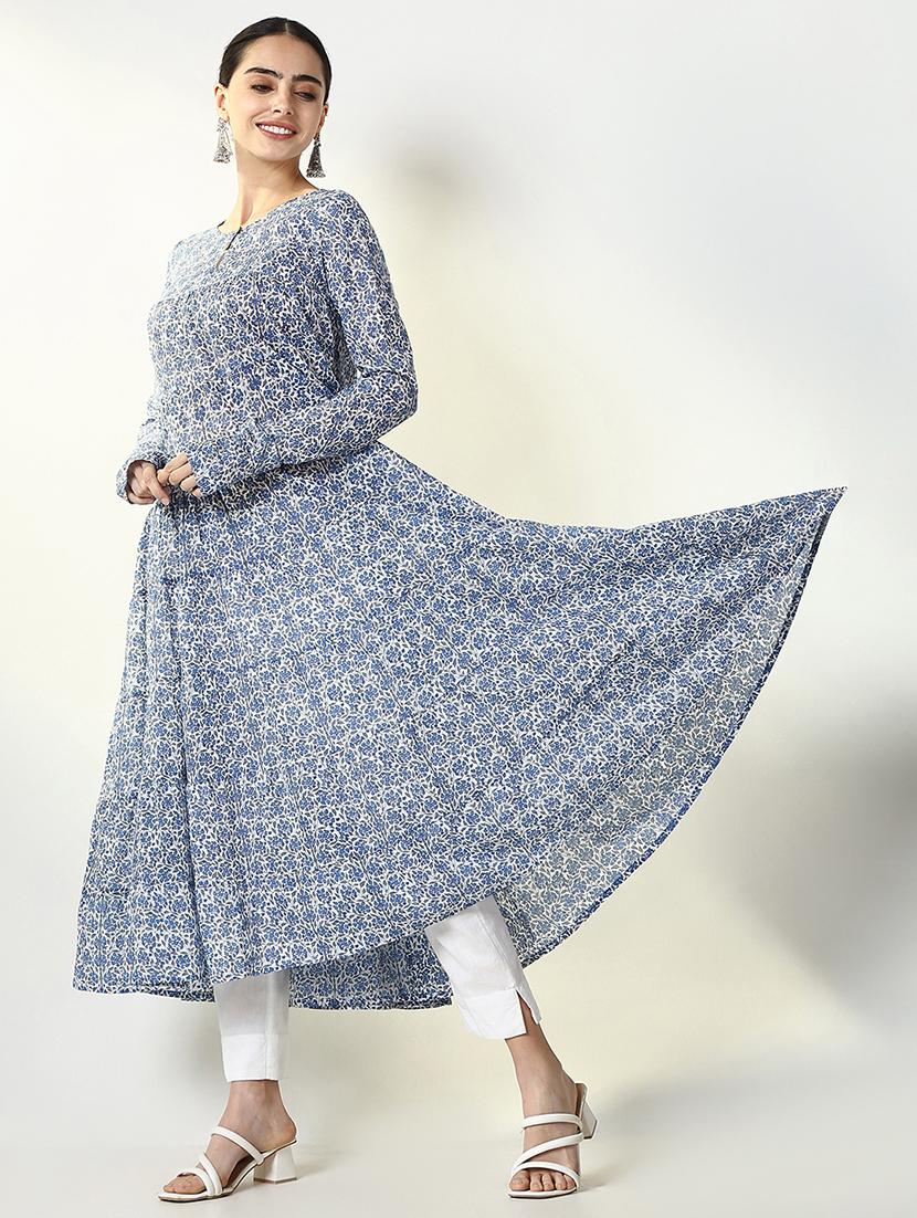 women blue floral long sleeve anarkali kurta - 21661540 - Standard Image - 4
