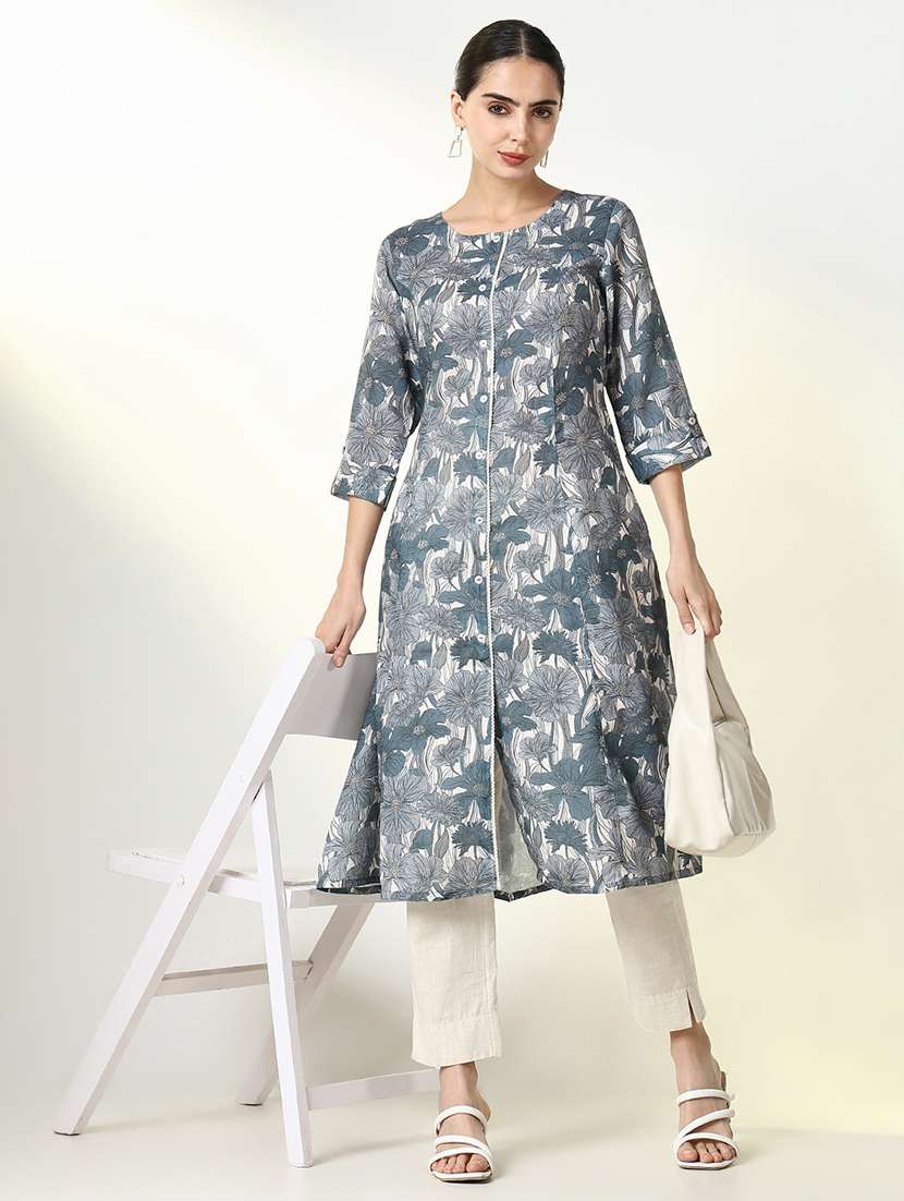 women printed roll up sleeve a-line kurta - 21661543 -  Standard Image - 1