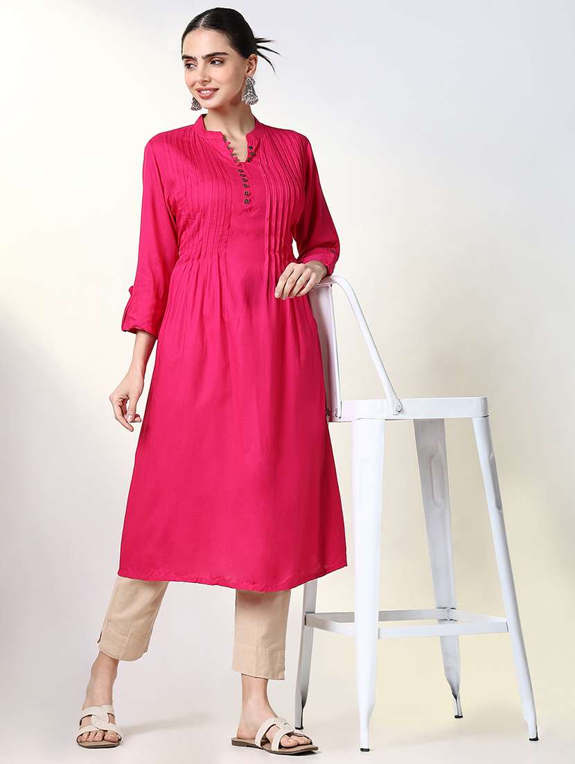 women solid roll up sleeve a-line kurta - 21661548 -  Standard Image - 1