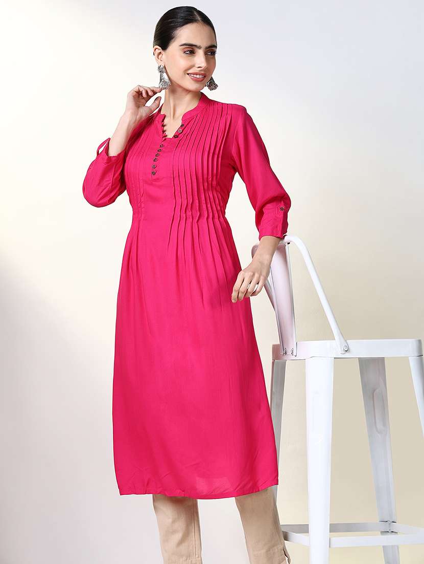 women solid roll up sleeve a-line kurta - 21661548 -  Standard Image - 4