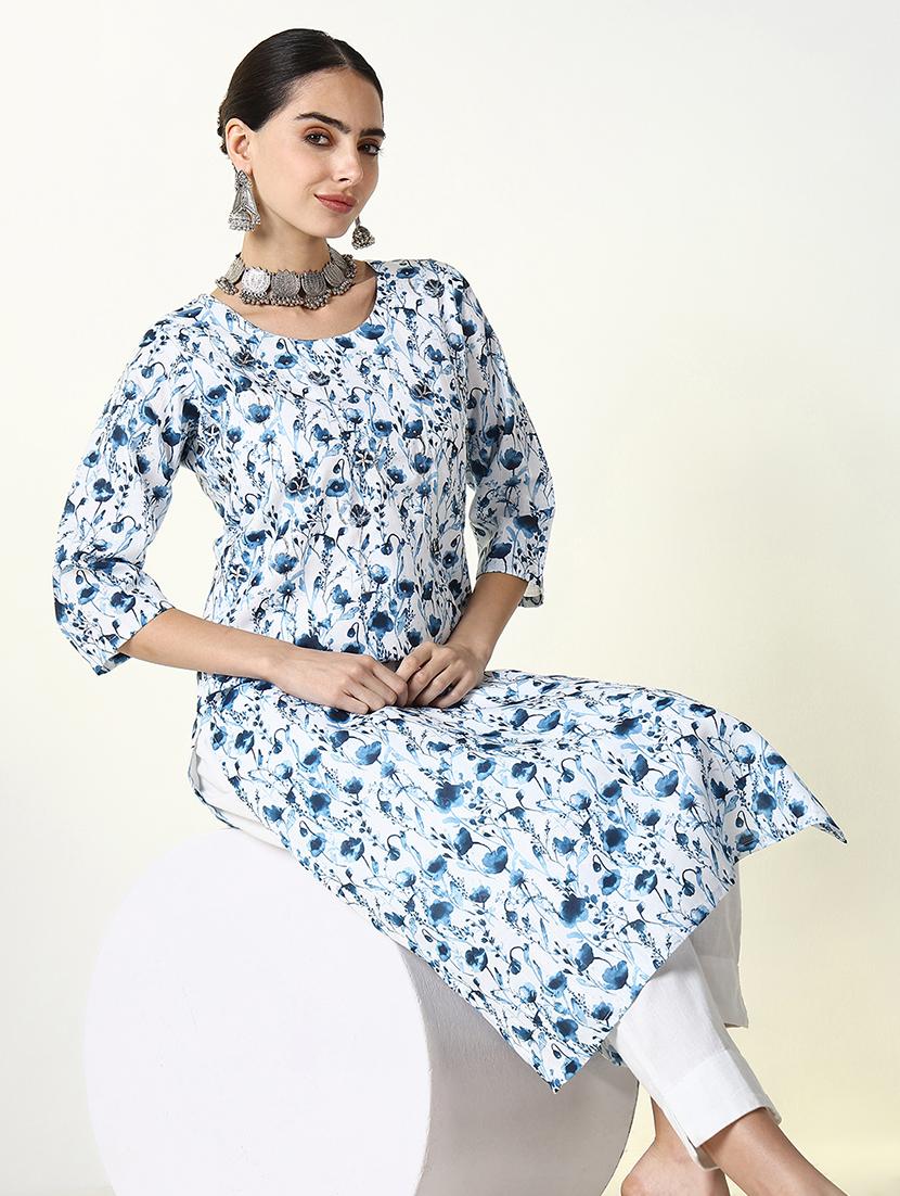 women floral printed three quarter sleeve straight kurta - 21661557 - Standard Image - 1