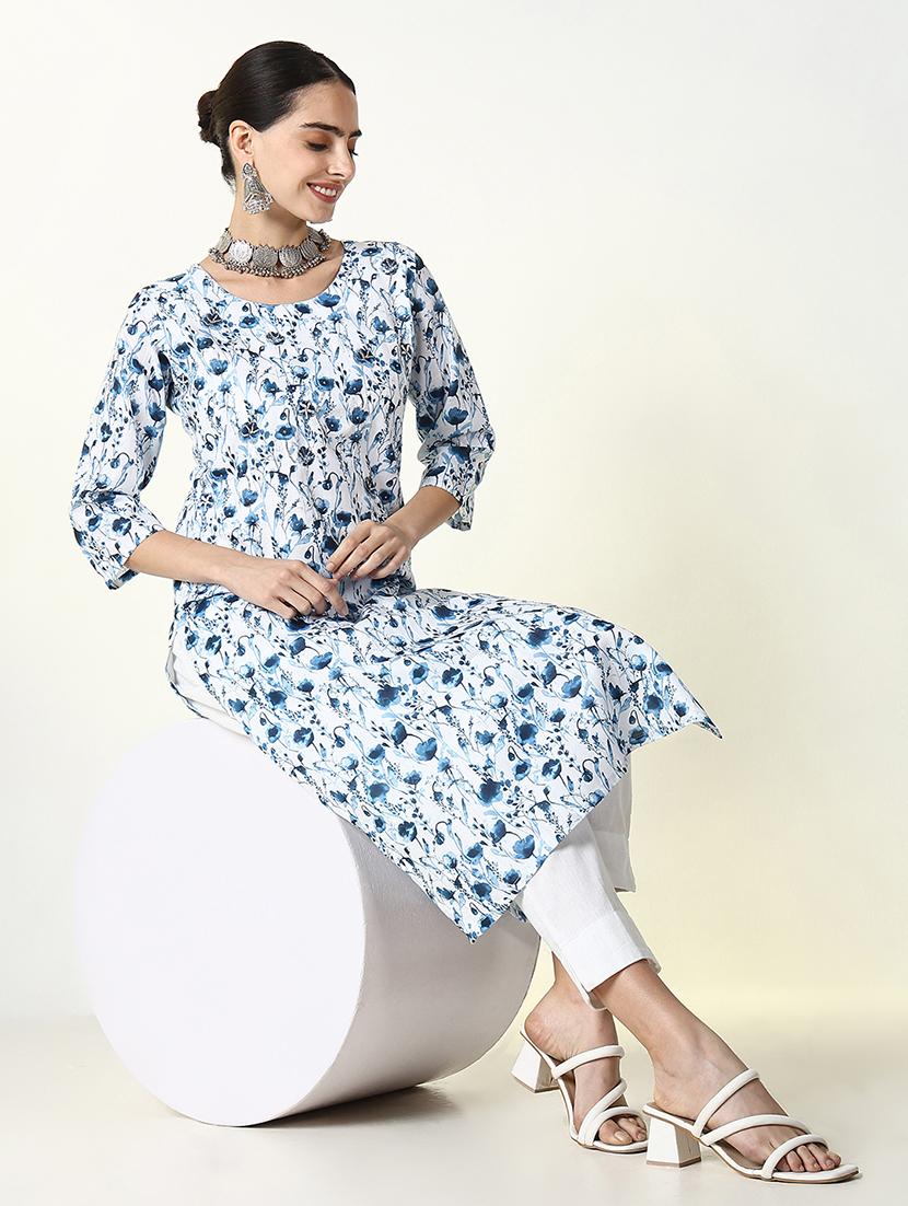 women floral printed three quarter sleeve straight kurta - 21661557 - Standard Image - 4