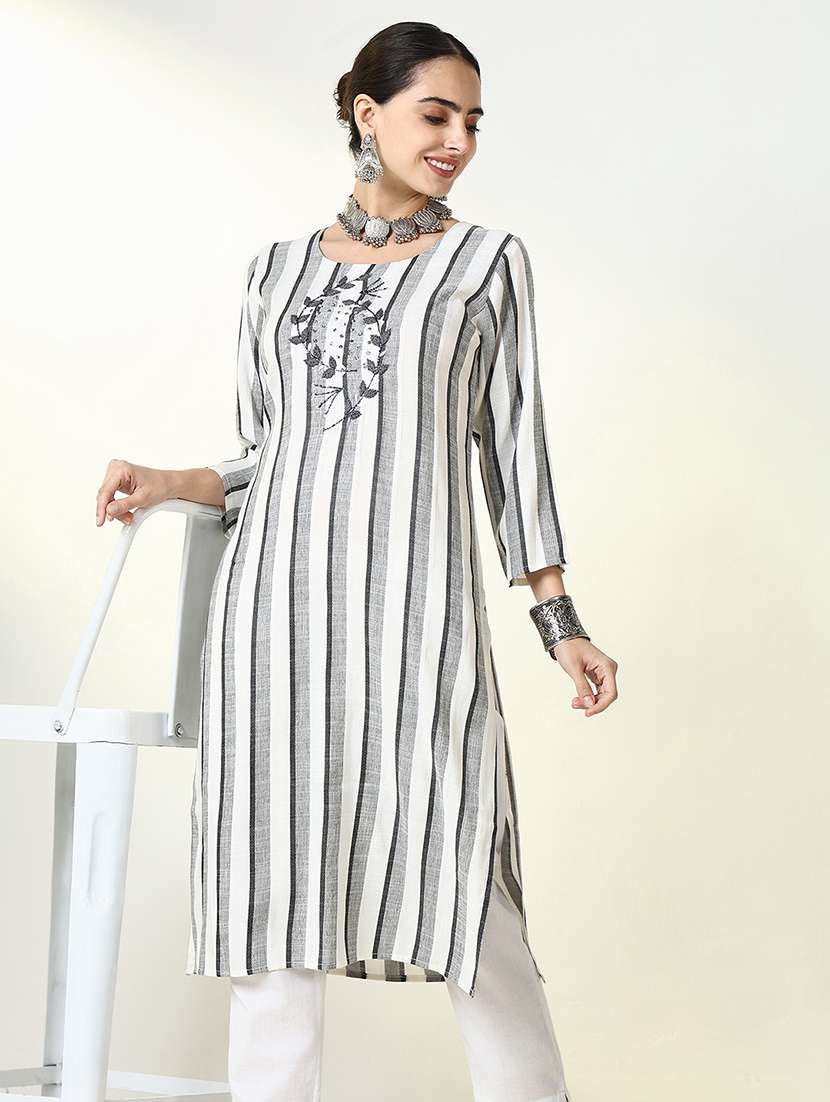 women striped three quarter sleeve straight kurta - 21661560 -  Standard Image - 1